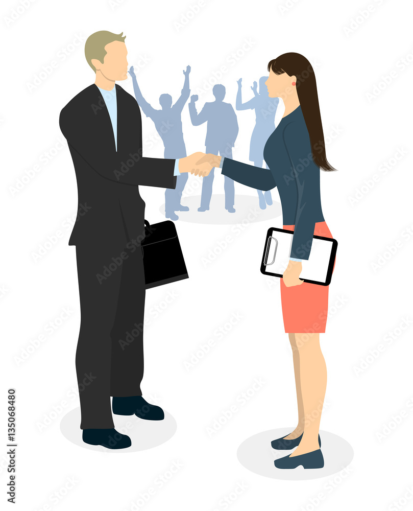 Business agreement handshake. Man and woman shaking hands in agreement. Hiring new employment. Business agreement handshake. Man and woman shaking hands in agreement. Hiring new employment.