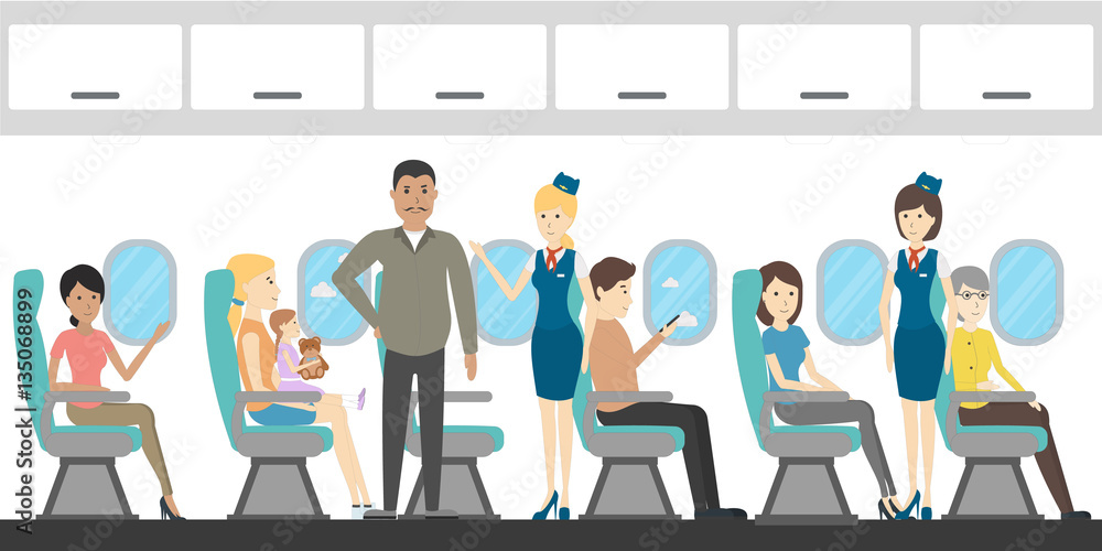 Airplane economy class interior. Flying attendants and passengers. Airplane economy class interior. Flying attendants and passengers.