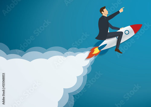Businessman Flying with a Rocket to Successful background vector. Business concept illustration.
