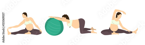 Workout for pregnant set. Yoga training. Healthcare for young mothers. Stretching for health. Exercise with fit ball.