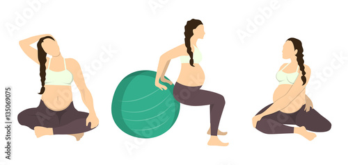 Workout for pregnant set. Yoga training. Healthcare for young mothers. Stretching for health. Exercise with fit ball. Neck stretching.