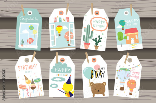 Canvas Print Light pink gold tag birthday with bear,house,tree,duck and ballo
