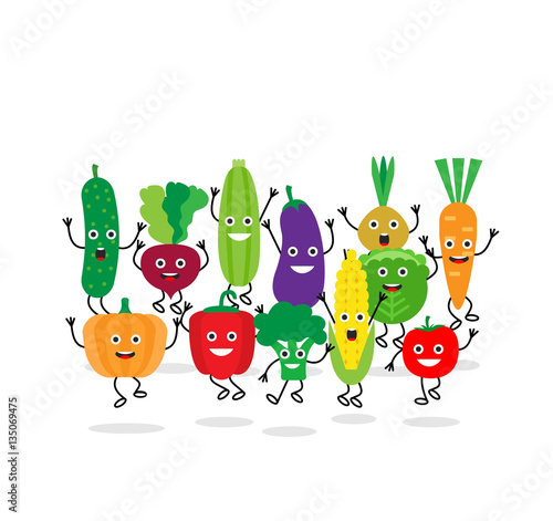cartoon cute vegetable characters jumping on white background