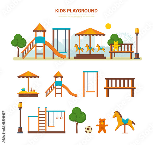 Children's entertainment playground, benches, sandbox, swing, recreation park.