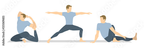 Yoga workout set on white background. Different poses and asanas. Healthy lifestyle. Body stretching. Exercises for men.