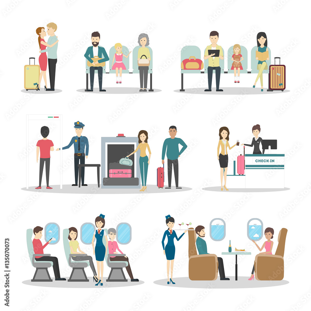 Isolated airport set on white background. Security, control, gate and checkin. People in airplane. Isolated airport set on white background. Security, control, gate and checkin. People in airplane.
