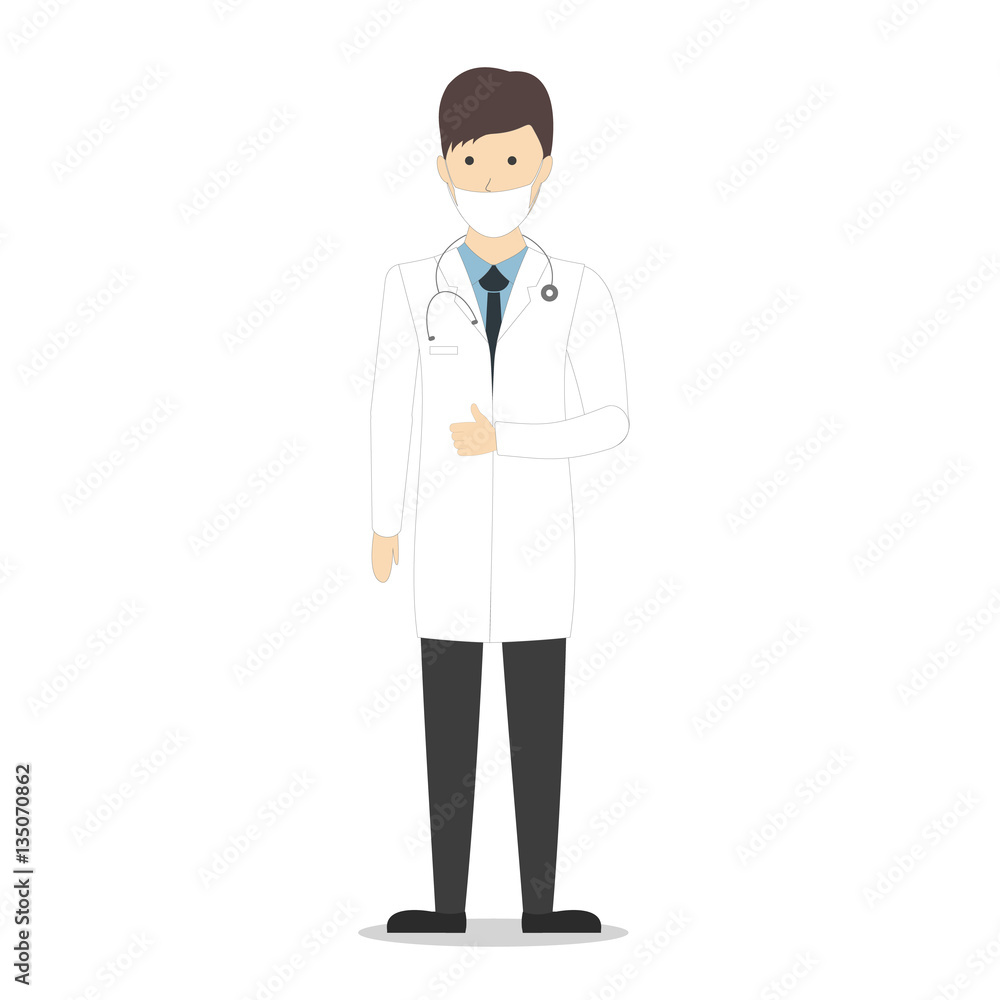 Isolated male doctor on white background. Cartoon character in white uniform. Smiling handsome man in medical face mask. Isolated male doctor on white background. Cartoon character in white uniform. Smiling handsome man in medical face mask.