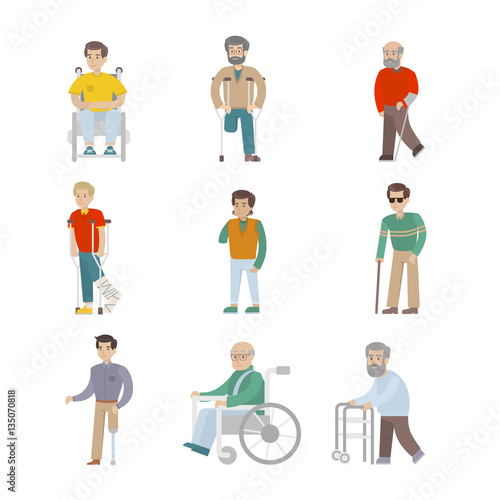 Isolated disabled set on white background. Men with disability. People with wheelchair, crutches and sticks.