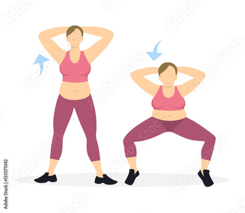 Squats exercise for legs on white background. Healthy lifestyle. Workout for legs. Exercises for fat women.