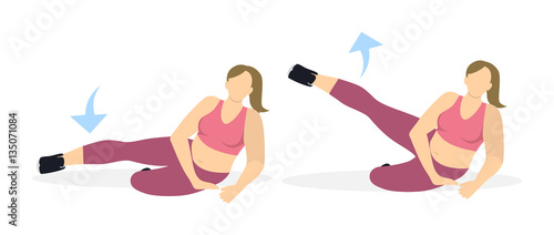 Exercise for legs on white background. Workout for legs. Exercises for fat women. Leg rising.