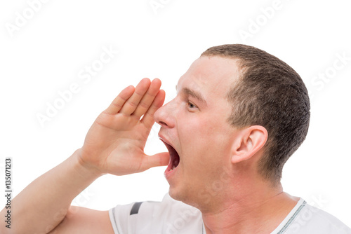 man crying loudly, portrait on a white background