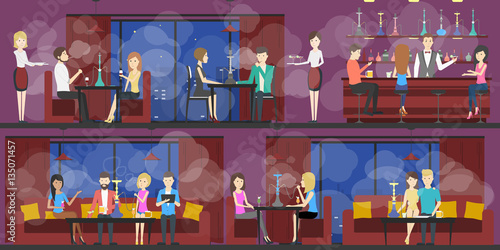 Hookah bar interior set. Bar and restaurant with food and hookah service. Interior in smoke.