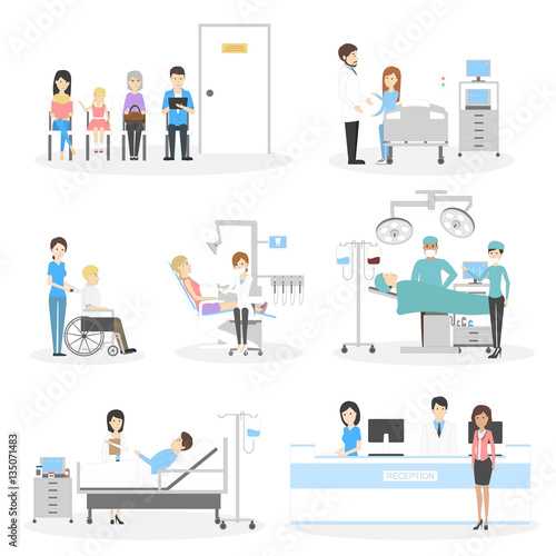 Isolated hospital set on white background. Waiting room, ward, reception and dentistry. Doctors and nurse.