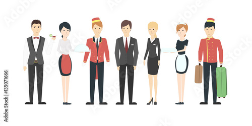Isolated hotel staff on white background. All kinds of staff like porters, waitress, maids and receptionists. People in uniform.
