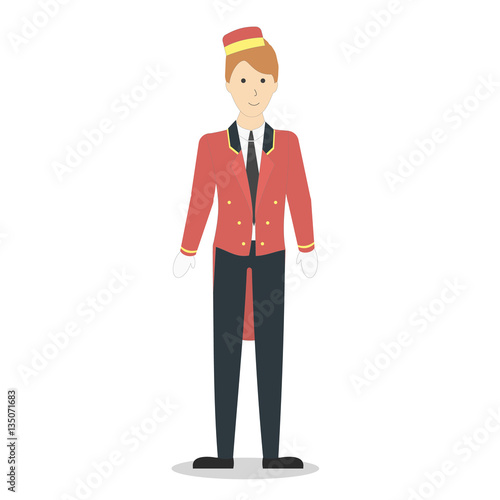 Isolated hotel porter on white background. Man in uniform.