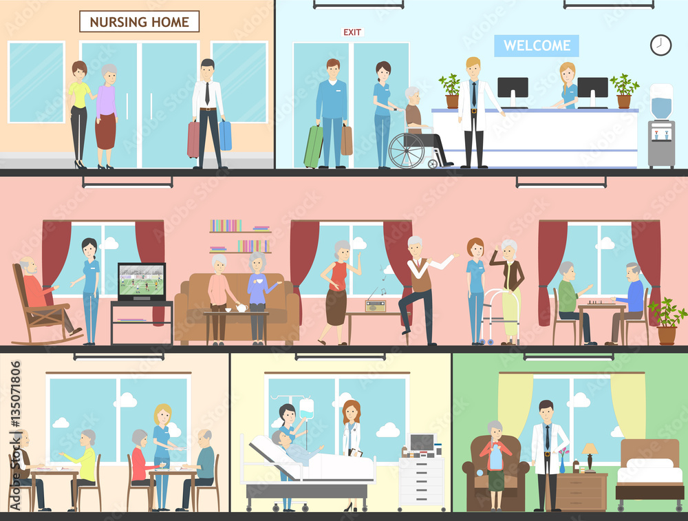 Nursing home interior set. Wards, living rooms and more. Elderly people with nurses. Healthcare for old people. Nursing home interior set. Wards, living rooms and more. Elderly people with nurses. Healthcare for old people.