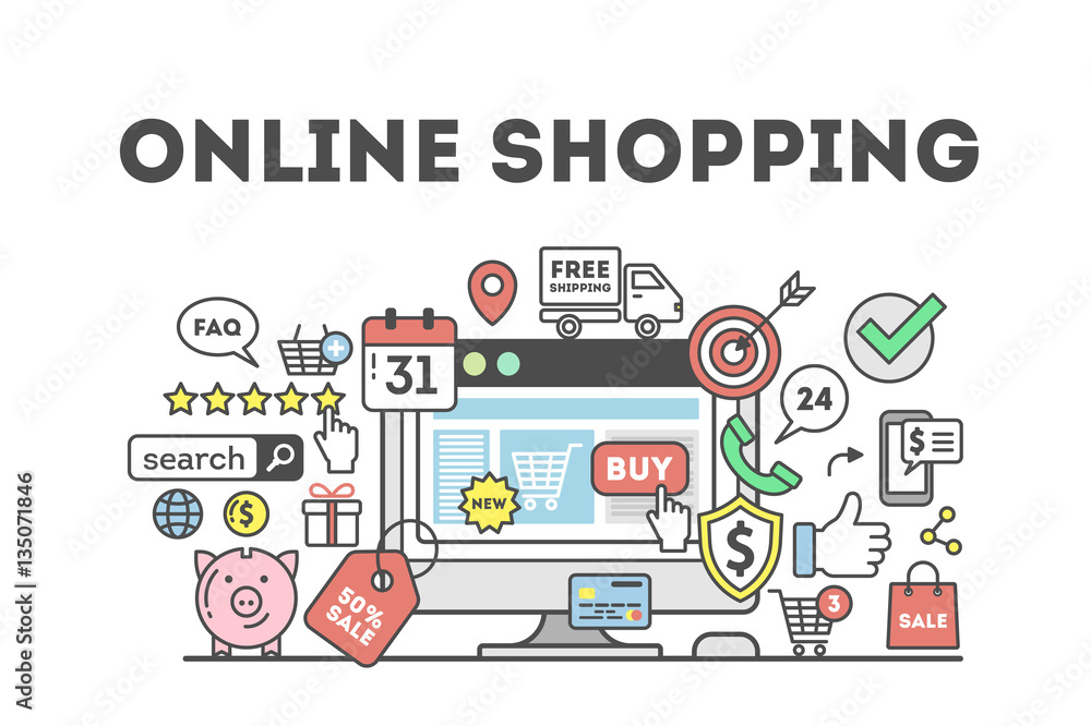 Online shopping concept with many colorful icons as target, price tag, piggy bank and more. Idea of discount, sale and e-commerce. White background.
