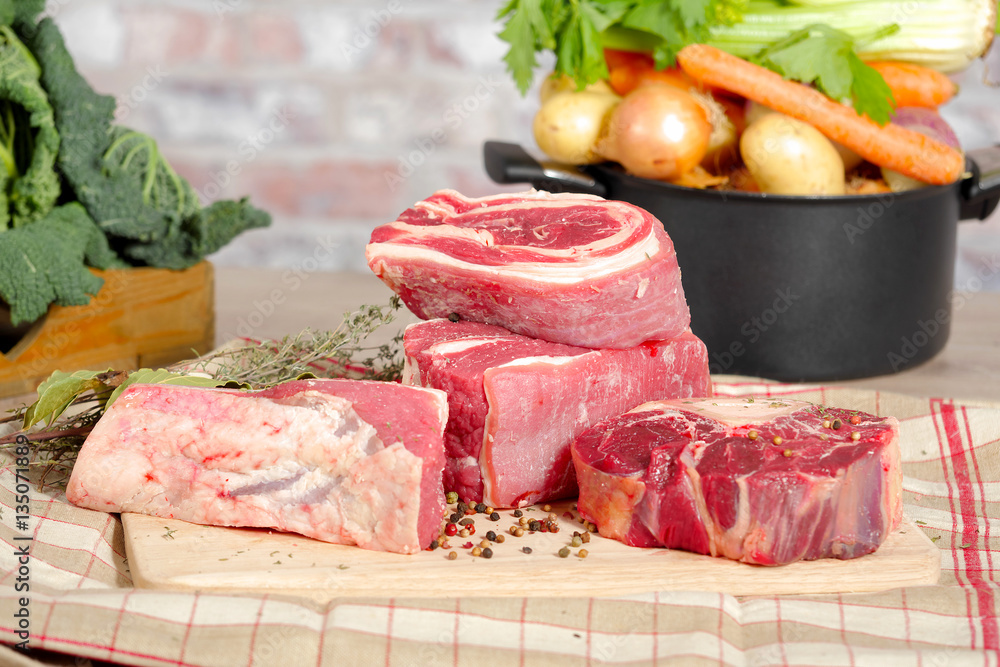 Beef and vegetables for the preparation of pot-au-feu Beef and vegetables for the preparation of pot-au-feu