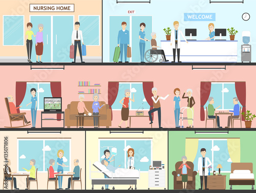 Nursing home interior set. Wards, living rooms and more. Elderly people with nurses. Healthcare for old people.