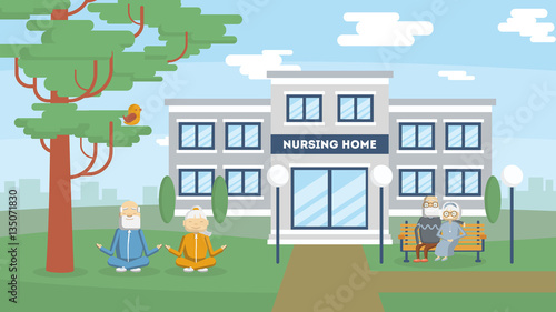 Nursing home building exterior. health care for old and sick people. Center for retired people.
