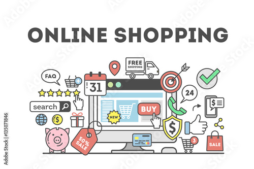 Online shopping concept with many colorful icons as target, price tag, piggy bank and more. Idea of discount, sale and e-commerce. White background.