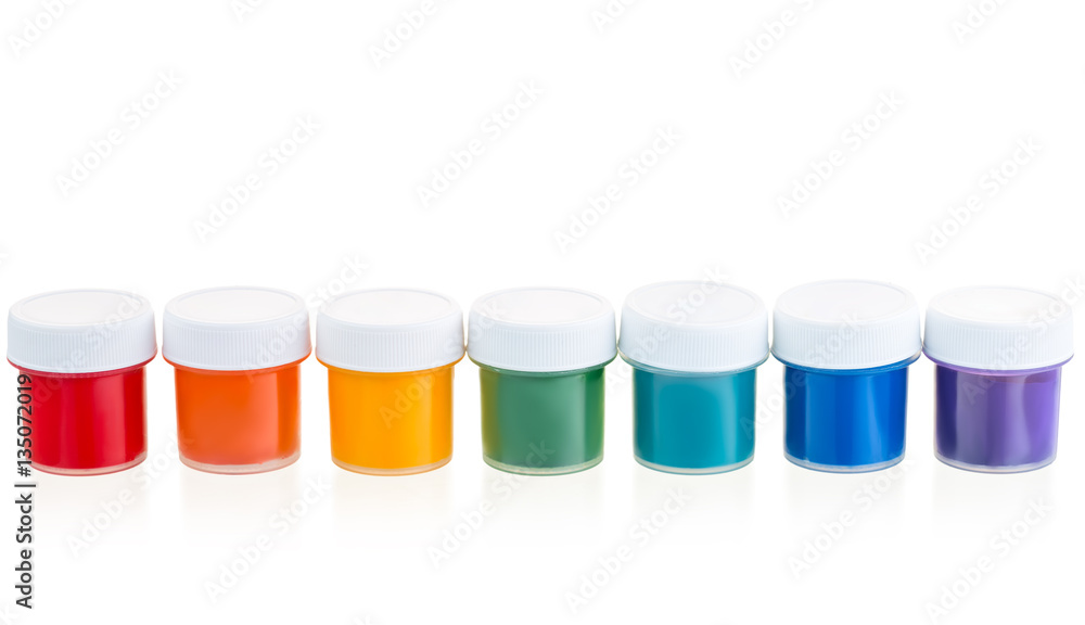 Jars with a paint gouache set in a row isolated Jars with a paint gouache set in a row isolated