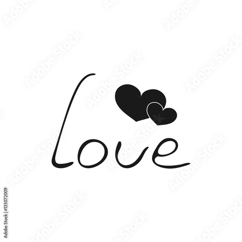 Two hearts vector black and white icon. Lettering love for Valentine's Day