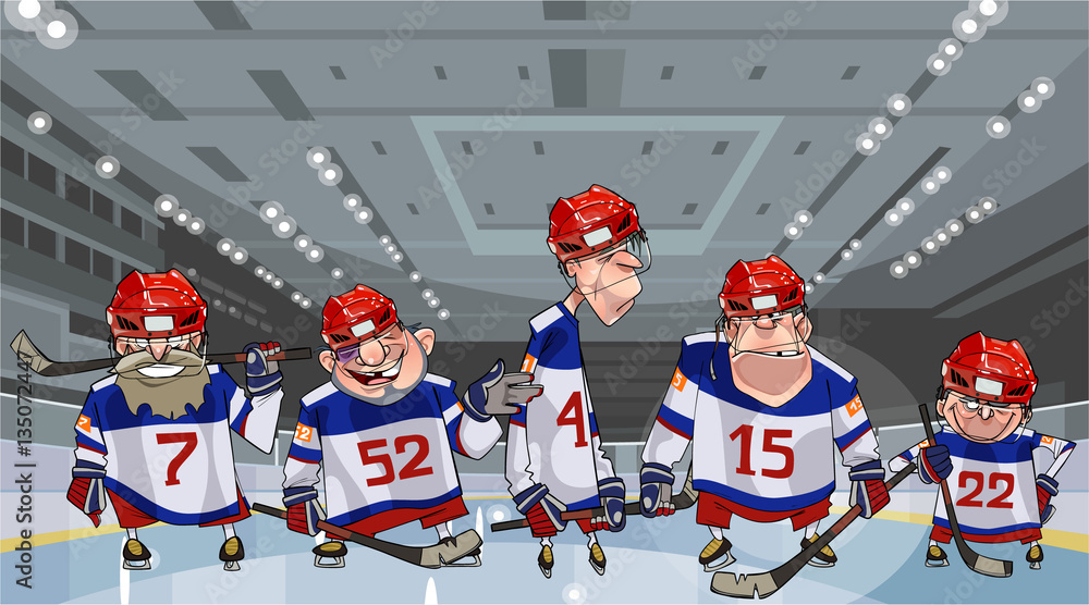 Naklejka premium cartoon team with five funny hockey players on the ice