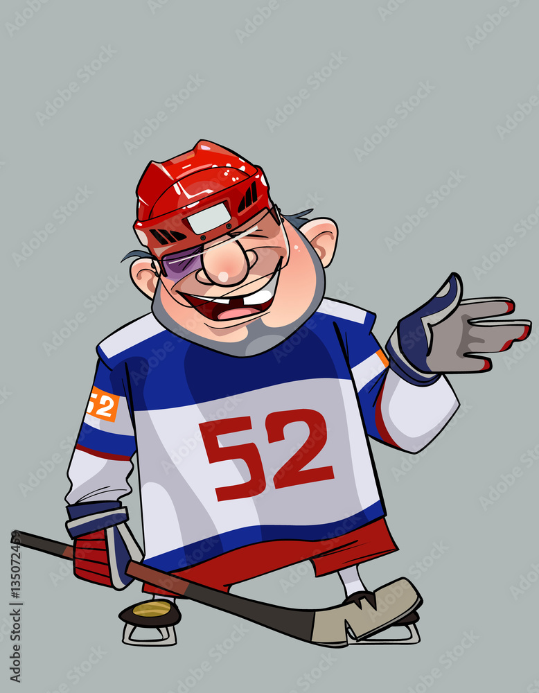 Fototapeta premium comical cartoon hockey player with a stick pointing in the direction