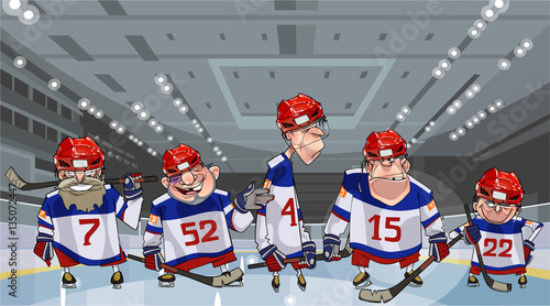 cartoon team with five funny hockey players on the ice