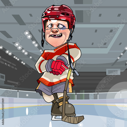 funny cartoon hockey player with bruise under an eye standing on the ice