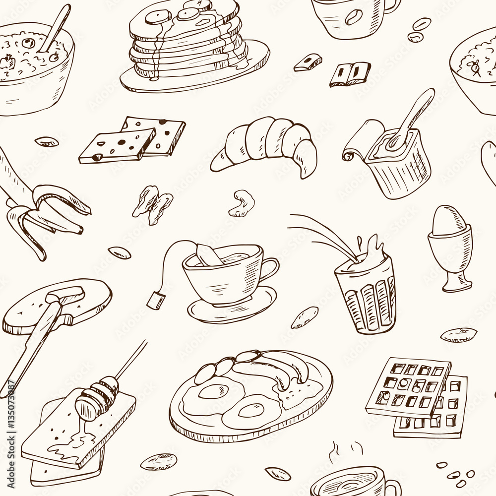 Vector breakfast and morning doodle seamless pattern