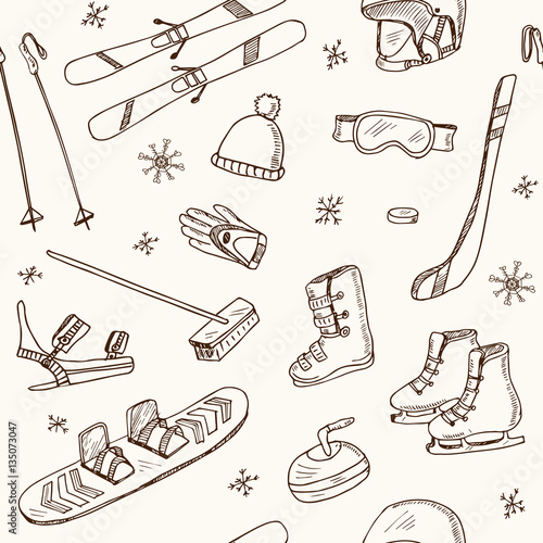 Winter Fun Sports, Activities and Accessories Hand-Drawn Notebook Doodles seamless pattern with Sled, Skis, Skates, Snowboard, Snowflake