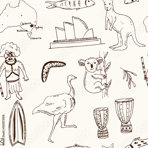 Collection of Australia doodle vector seamless pattern