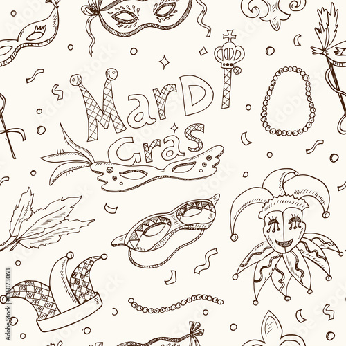 Mardi Gras traditional seamless pattern. Carnival masks, party decorations.