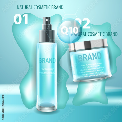 Vector realistic cosmetic bottles with natural elements.