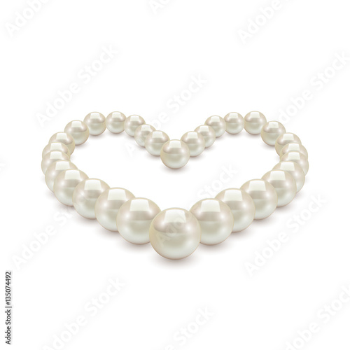 Shiny realistic Pearl necklace in the shape of heart on white background, vector illustration, isolated