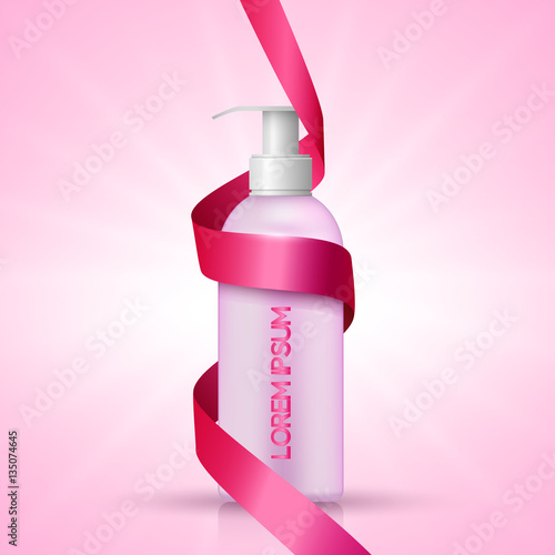 Cosmetic bottle of cream or liquid soap on colorful background with pink ribbon, package template, realistic design, vector illustration