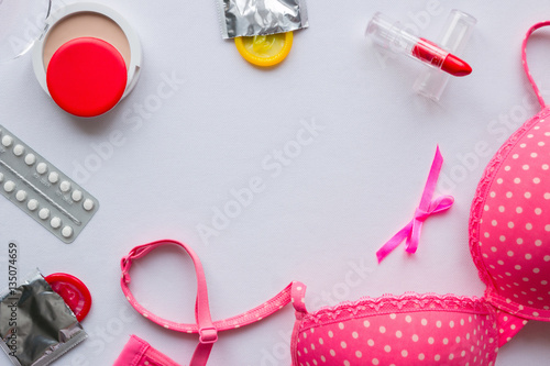 bra, cosmetics and contraceptives mockup