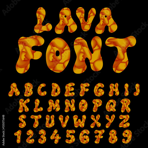 Burning lava fire typeset vector font. Melting letters .