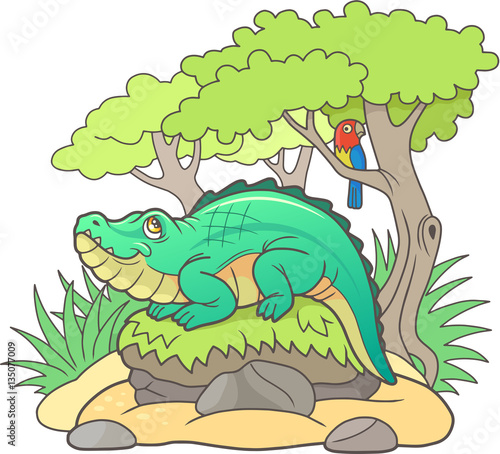funny cartoon crocodile basking in the sun  