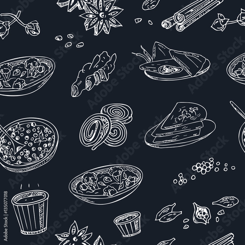 Vector hand drawn seamless pattern Indian cuisine: traditional spicy flavored dishes, desserts, beverages.