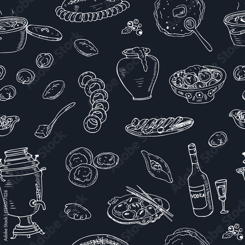 Vector hand drawn seamless pattern russian cuisine. pancake, red caviar, pelmeni,, beef stroganoff, vodka and samovar.