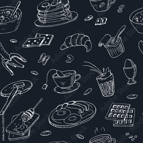 Vector breakfast and morning doodle seamless pattern
