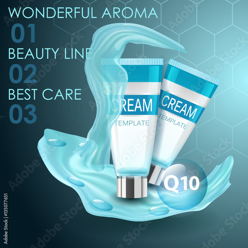 Vector realistic cosmetic bottles with natural elements.