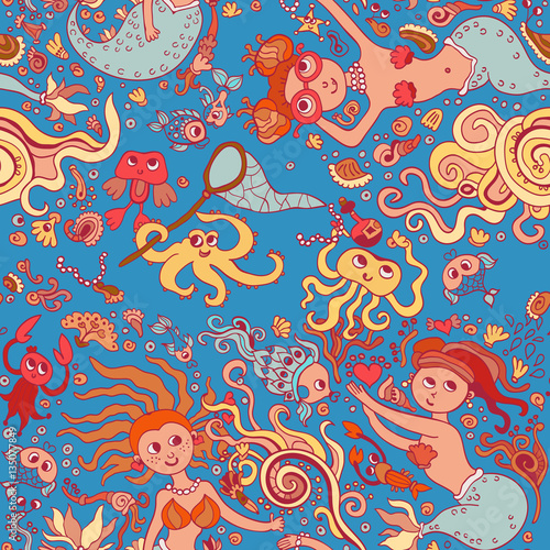 Beautiful blue seamless pattern with mermaid