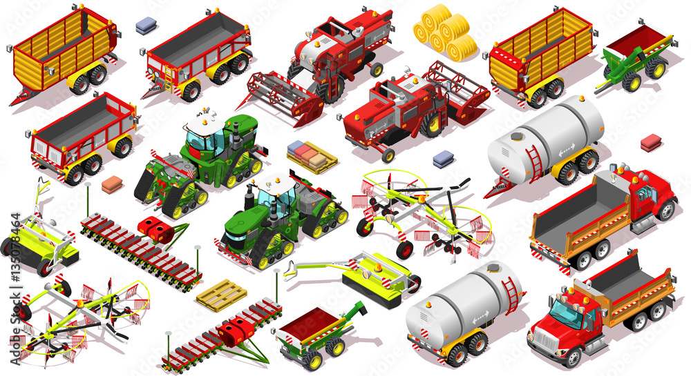 Obraz premium Isometric Farm isolated Vehicle 3D Icon Set Collection Farmland Vector Illustration