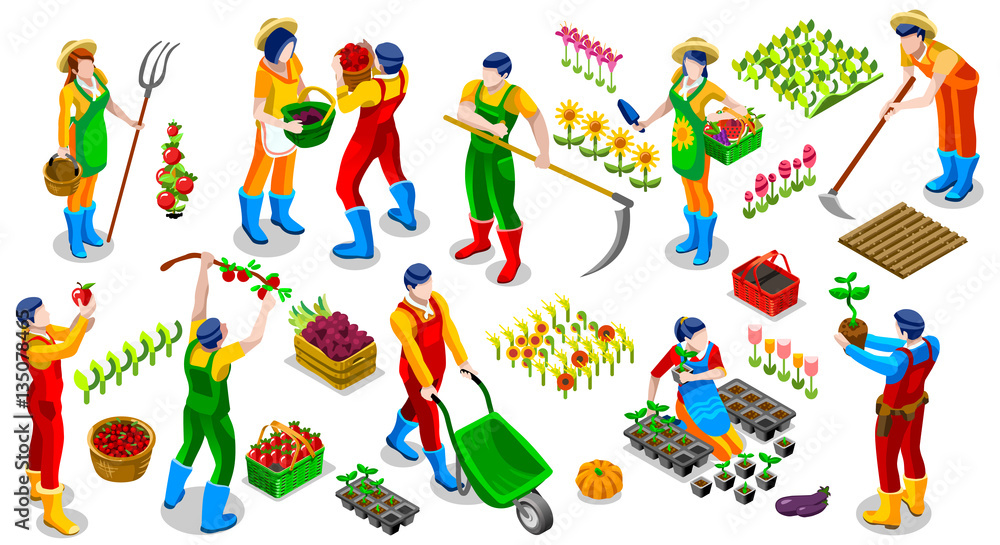 Isometric isolated farmer man farming people 3D icon set collection vector illustration. Farm field farmland life scene seed plant gardening tool Isometric isolated farmer man farming people 3D icon set collection vector illustration. Farm field farmland life scene seed plant gardening tool