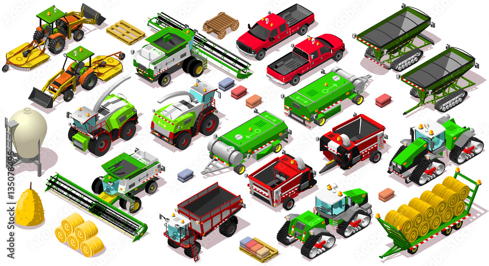 Fototapeta premium Isometric isolated Vehicle Farm 3D Icon Set Collection Farmland Vector Illustration