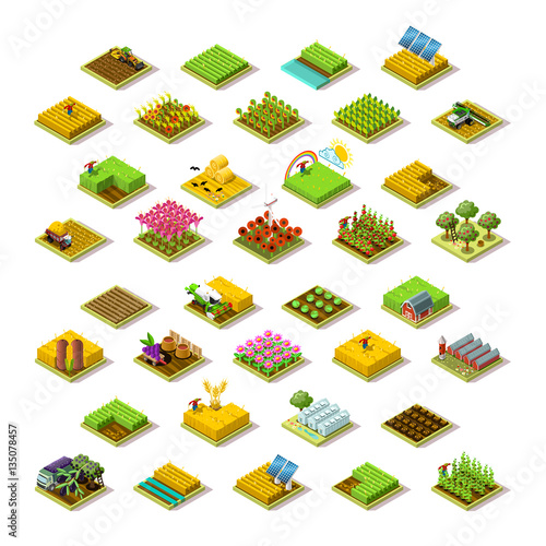 Isometric farm house building staff farming agriculture scene 3D icon set collection farmland vector illustration